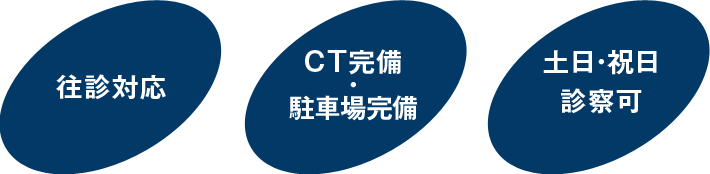 夜間救急・往診対応／駐車場完備／土・日・祝日診察可